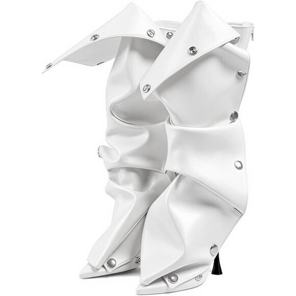 Women White Suede Detachable Snap-off Panel Fold Over Fall Shark Knee High Boot - Picture 1 of 7